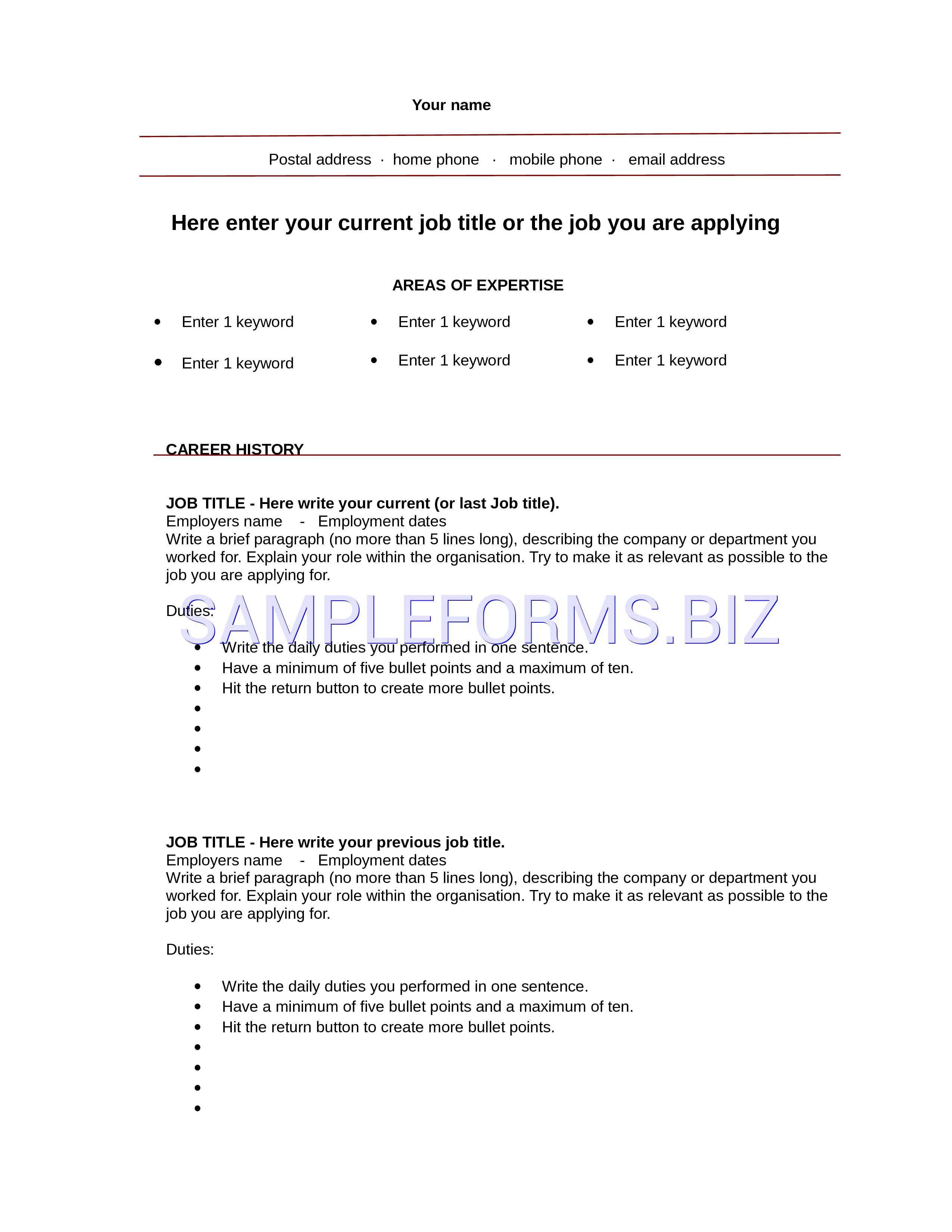 Preview free downloadable Blank CV Template Example 2 in PDF (page 1)